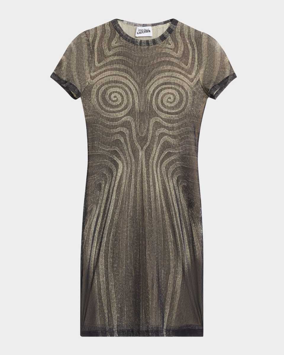 Spiral Body Morphing-Print Mesh Mini Dress